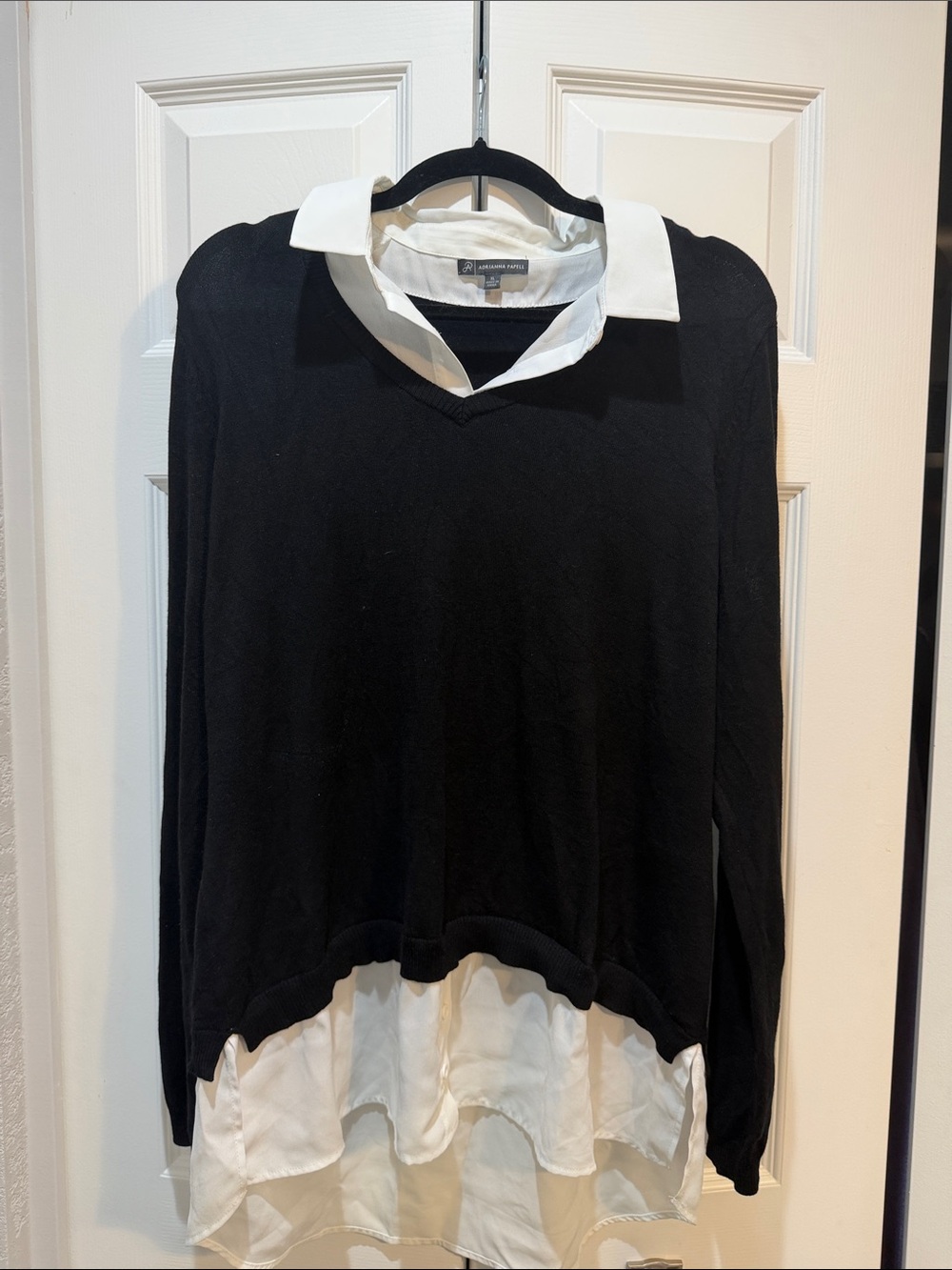 Adrianna Papell Black Sweater with White Shirt Hem and Collar Size XL